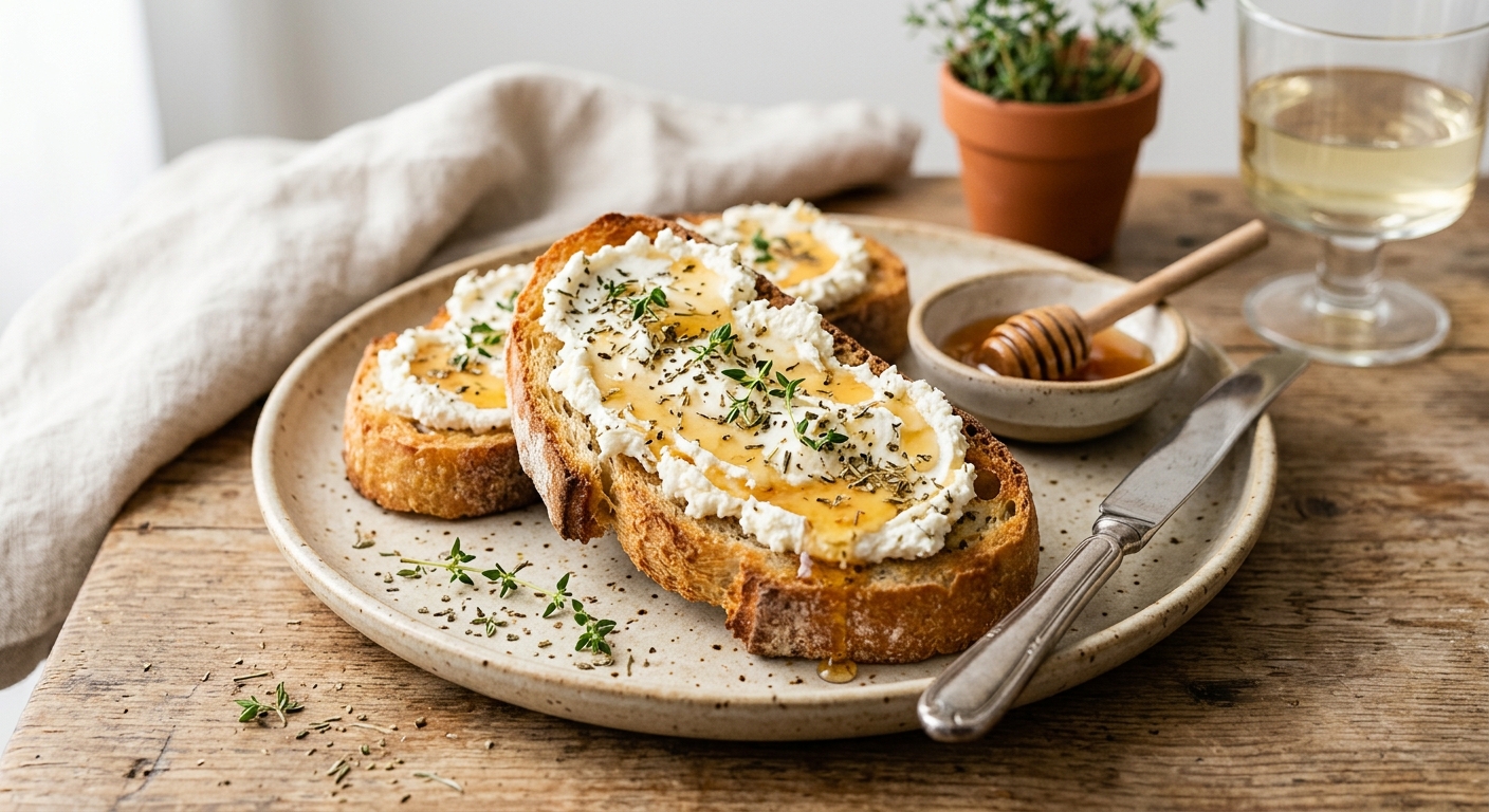 Toast au chèvre frais, miel et herbes de provence