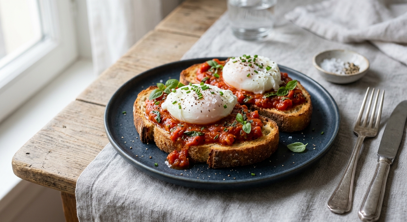 Toasts aux oeufs pochés à la sauce tomate