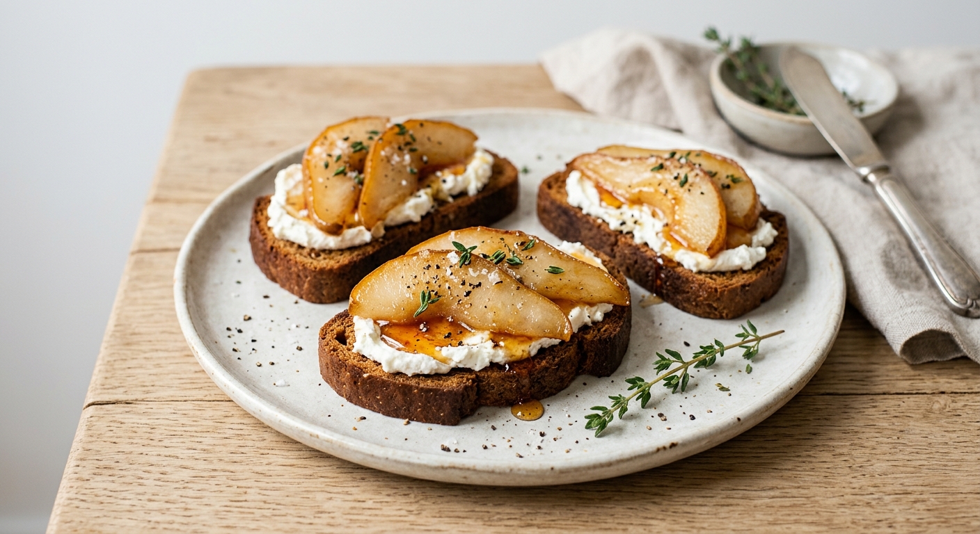 Toasts de pain d'épices au chèvre frais et poires rôties miel thym