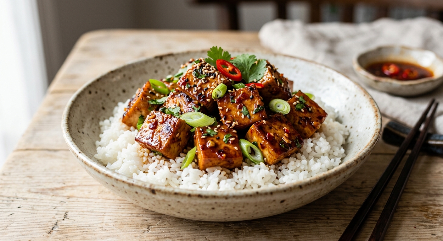Tofu épicé à la mode sucré-salé sur son lit de riz japonais