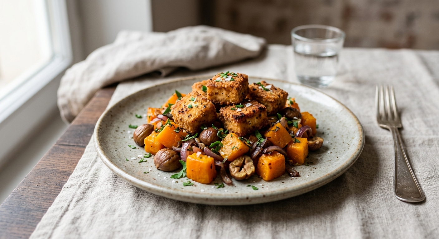 Tofu fumé pané et poêlée de courge & chataigne