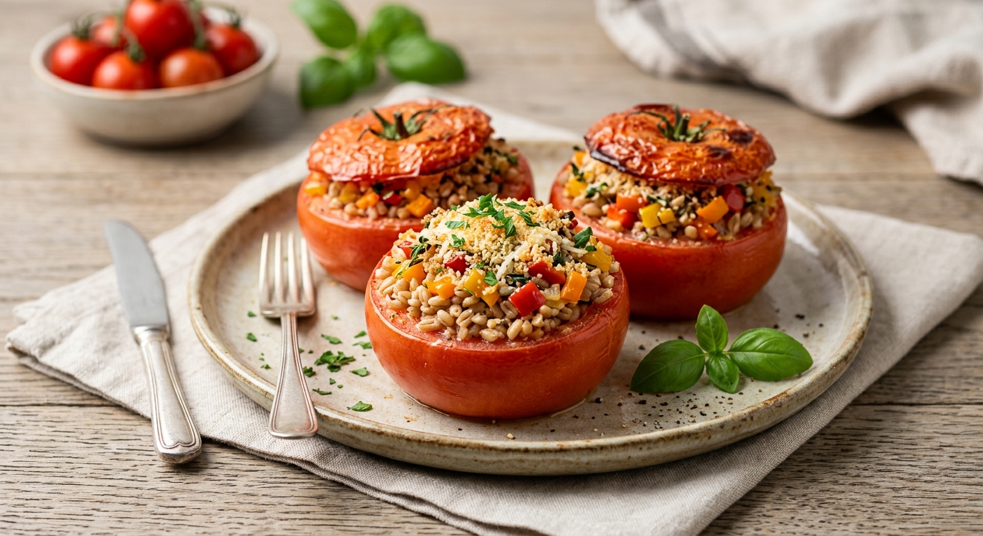 Tomates farcies au blé et aux poivrons multicolores