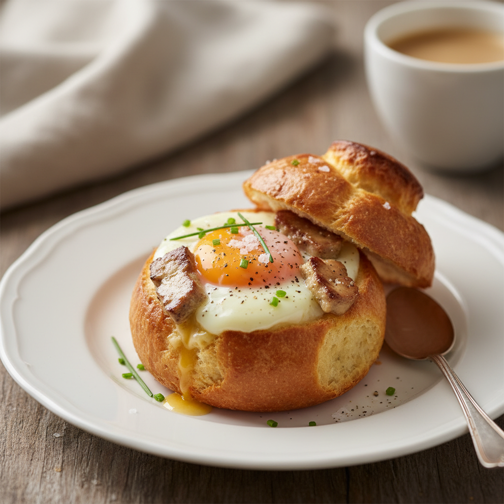Oeuf cocotte au foie gras en brioche à tête