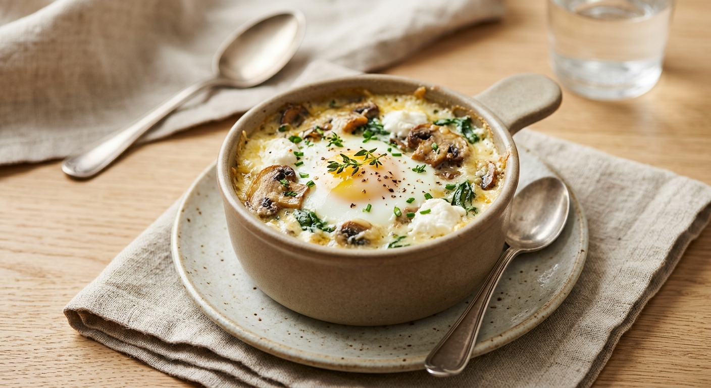 Oeuf cocotte champignons & chèvre frais