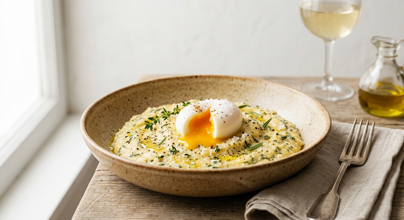 Oeuf mollet sur polenta aux herbes