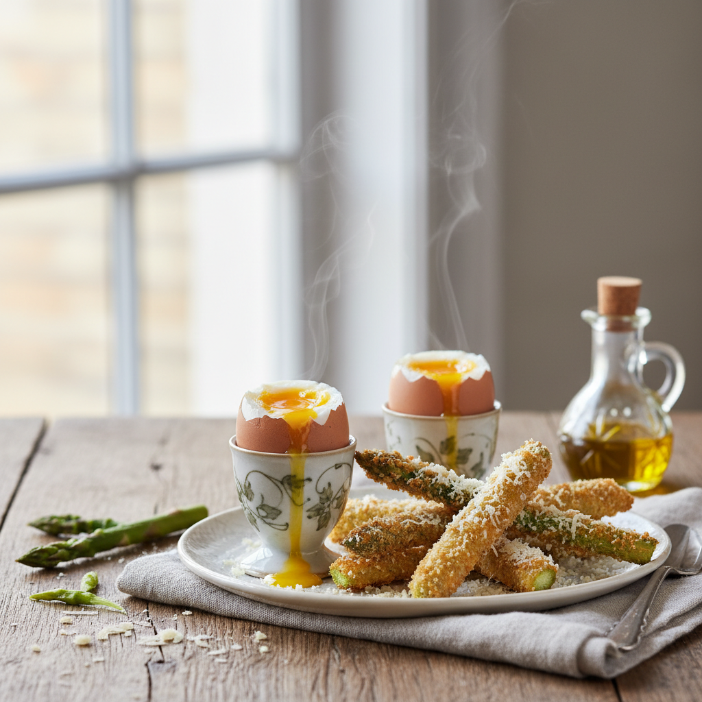 Oeufs à la coque & mouillettes d’asperges croustillantes