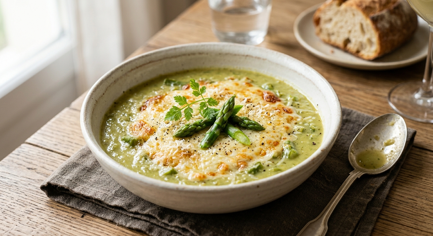 Velouté d'asperges vertes gratiné au parmesan