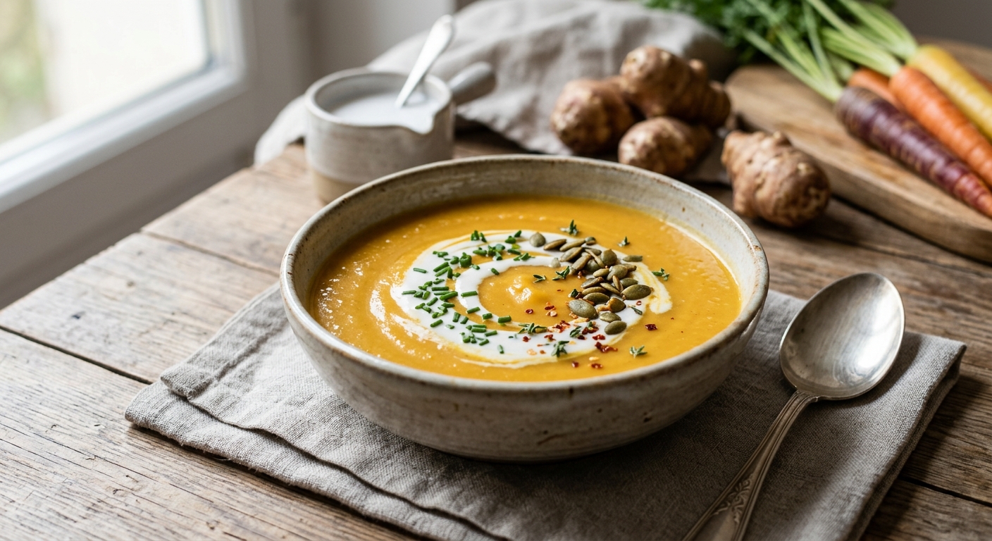 Velouté de topinambours et carottes au lait de coco
