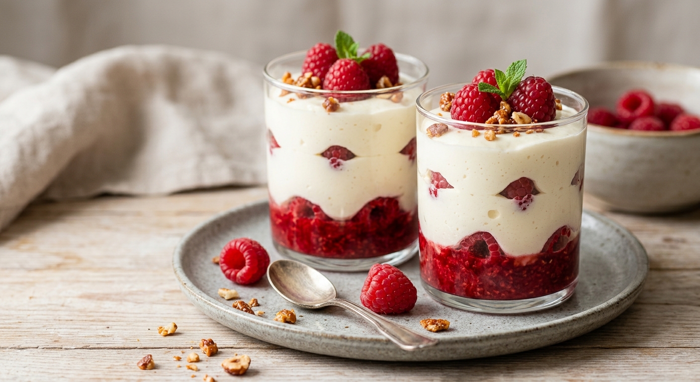 Verrines de mousse au chocolat blanc et framboises