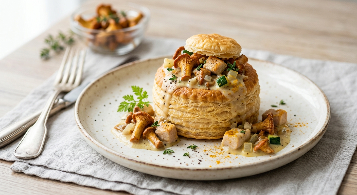 Vol au vent aux girolles, dinde et curcuma