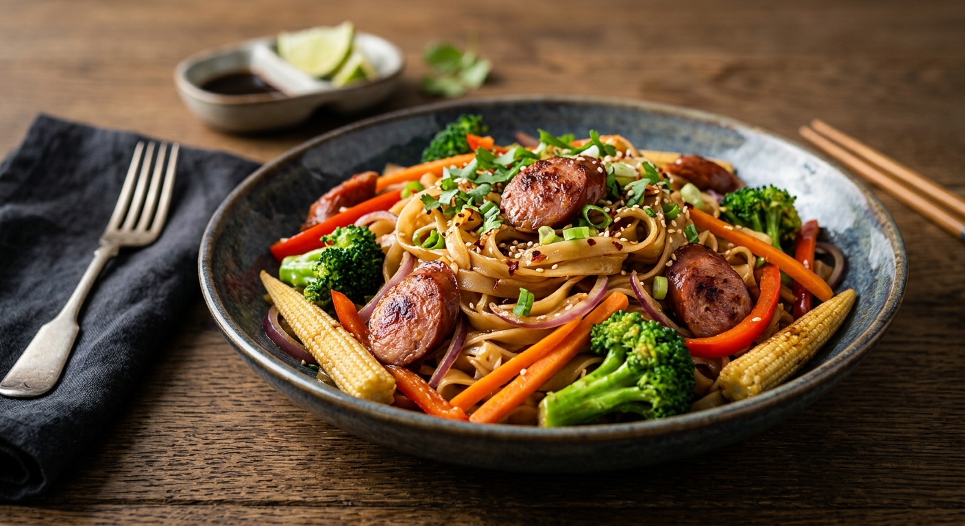 Wok de nouilles sautées à la saucisse de Montbéliard